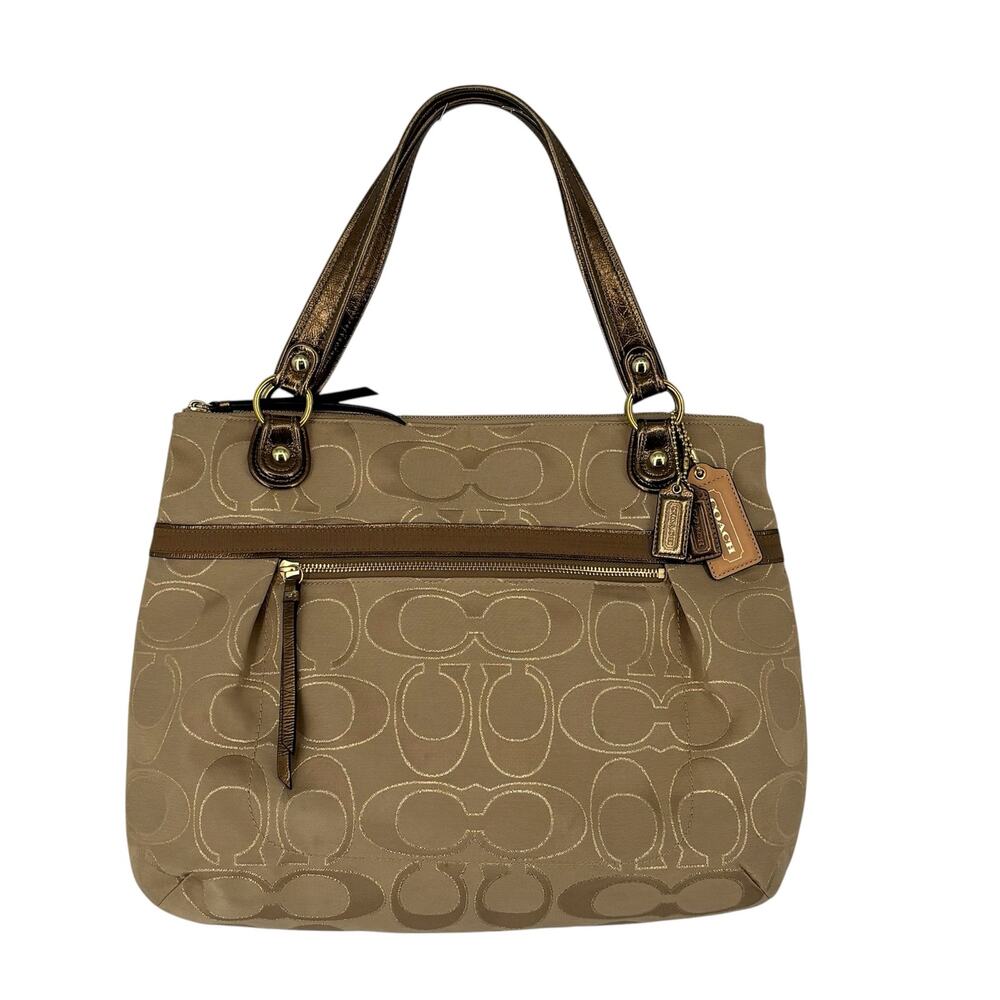 Coach Poppy Signature Tote Large Purse Khaki Gold